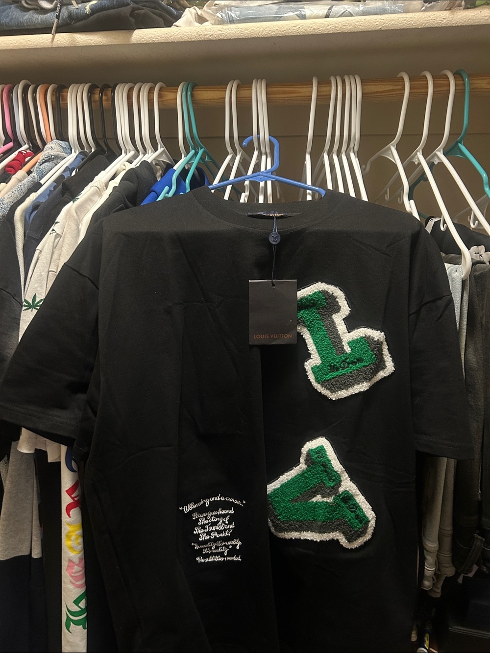 Black LV T-Shirt with Green Letter Patches.